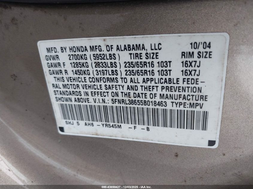 2005 Honda Odyssey Ex-L VIN: 5FNRL38655B018463 Lot: 43850427