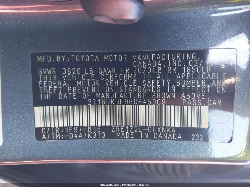 2016 Toyota Corolla Le VIN: 2T1BURHE9GC645909 Lot: 43850439