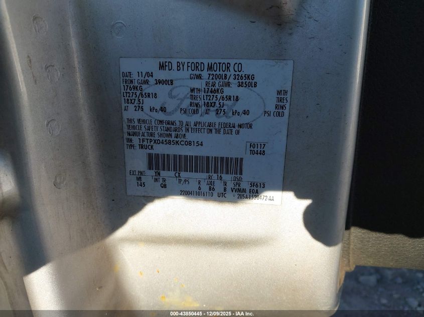 2005 Ford F-150 Fx4/Xlt VIN: 1FTPX04585KC08154 Lot: 43850445