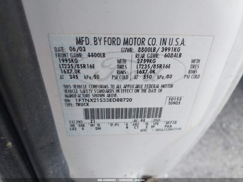 2003 Ford F-250 Lariat/Xl/Xlt VIN: 1FTNX21S33ED88720 Lot: 43850452