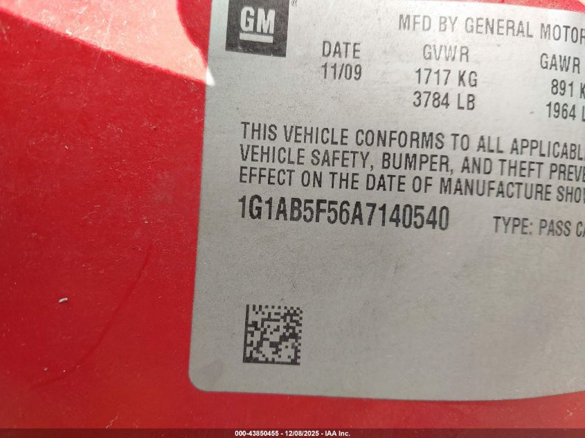 2010 Chevrolet Cobalt Ls VIN: 1G1AB5F56A7140540 Lot: 43850455