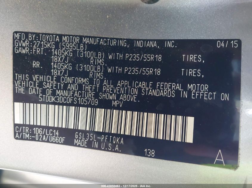 2015 Toyota Sienna Xle 7 Passenger VIN: 5TDDK3DC0FS105709 Lot: 43850462