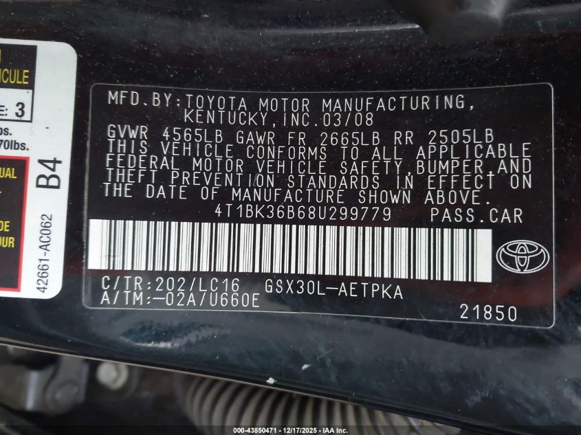 2008 Toyota Avalon Limited VIN: 4T1BK36B68U299779 Lot: 43850471