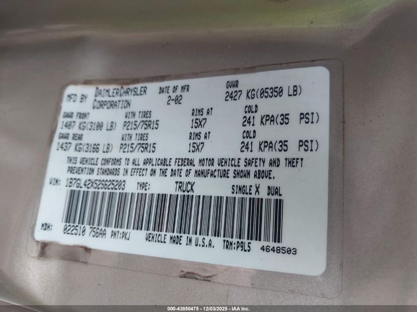 2002 Dodge Dakota Slt VIN: 1B7GL42X52S625203 Lot: 43850475