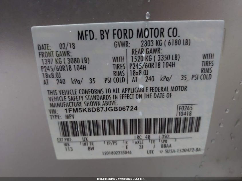 2018 Ford Explorer Xlt VIN: 1FM5K8D87JGB06724 Lot: 43850497