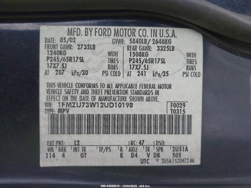 2002 Ford Explorer Xlt VIN: 1FMZU73W12UD10198 Lot: 43850510