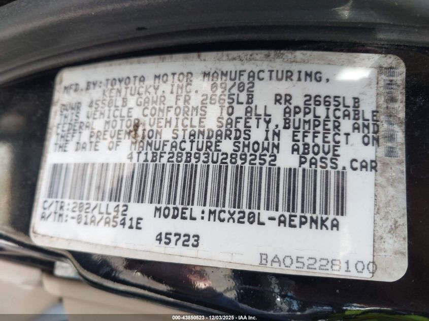 2003 Toyota Avalon Xl VIN: 4T1BF28B93U289252 Lot: 43850523