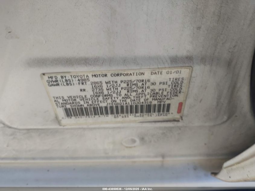 2001 Toyota Highlander VIN: JTEGD21A110004318 Lot: 43850536