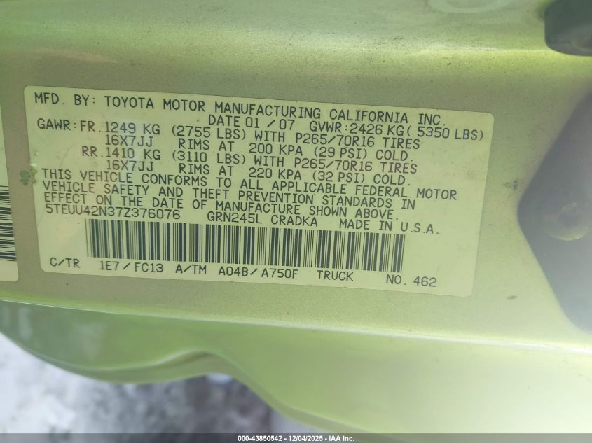 2007 Toyota Tacoma Base V6 VIN: 5TEUU42N37Z376076 Lot: 43850542