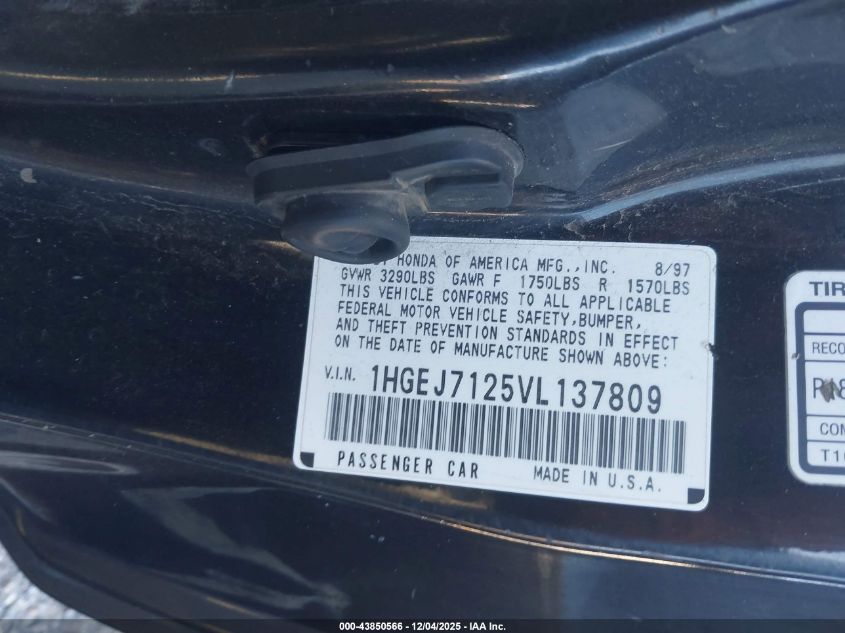 1997 Honda Civic Hx VIN: 1HGEJ7125VL137809 Lot: 43850566
