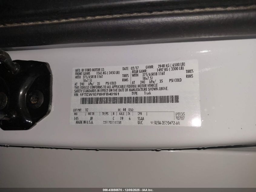 2017 Ford F-150 Xlt VIN: 1FTEW1EP8HFB40161 Lot: 43850570
