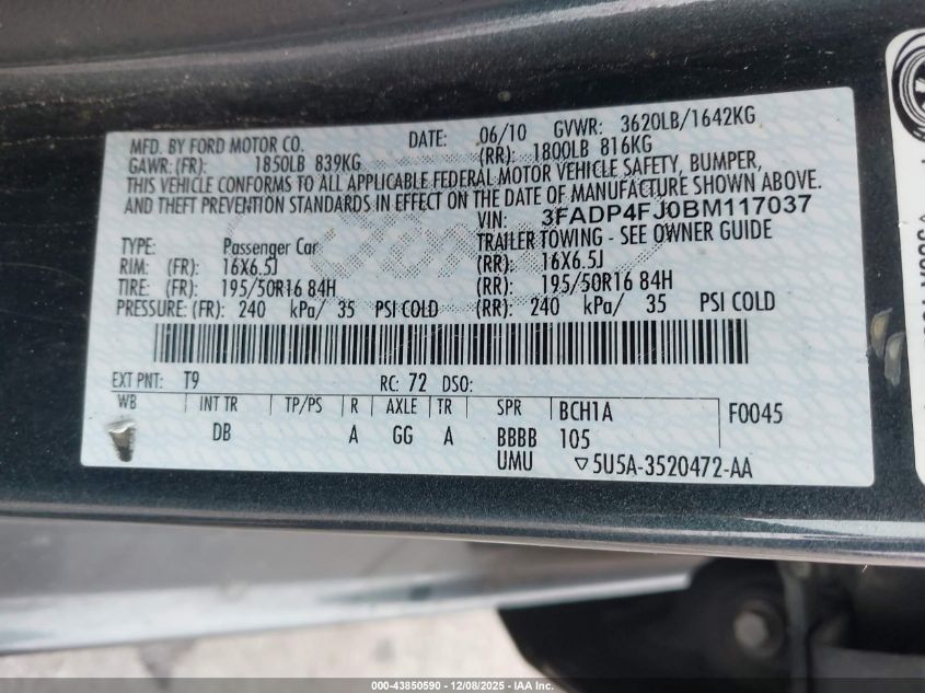 2011 Ford Fiesta Ses VIN: 3FADP4FJ0BM117037 Lot: 43850590