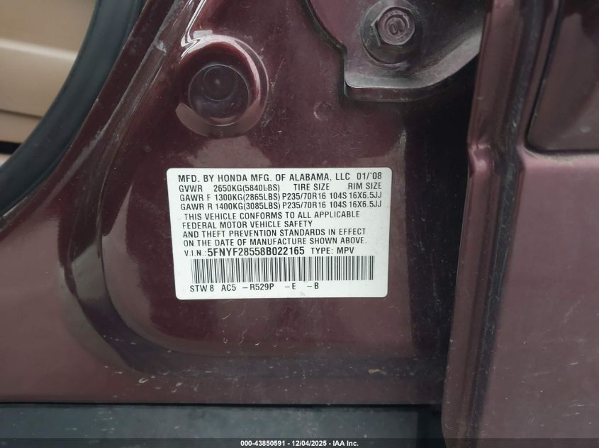 2008 Honda Pilot Ex-L VIN: 5FNYF285588022165 Lot: 43850591