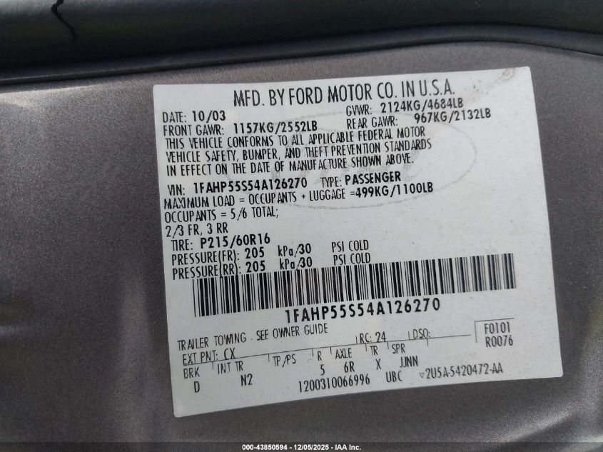 2004 Ford Taurus Ses VIN: 1FAHP55S54A126270 Lot: 43850594