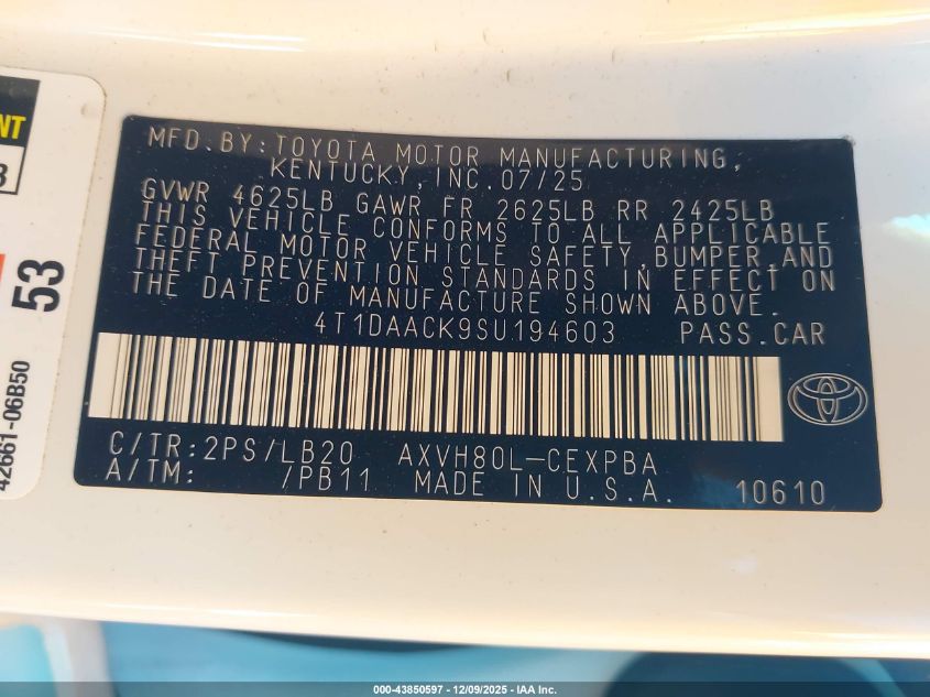 2025 Toyota Camry Xse VIN: 4T1DAACK9SU194603 Lot: 43850597