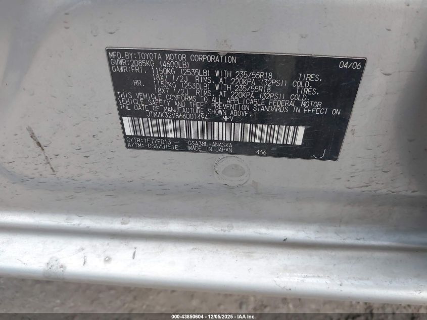 2006 Toyota Rav4 Sport V6 VIN: JTMZK32V866001494 Lot: 43850604