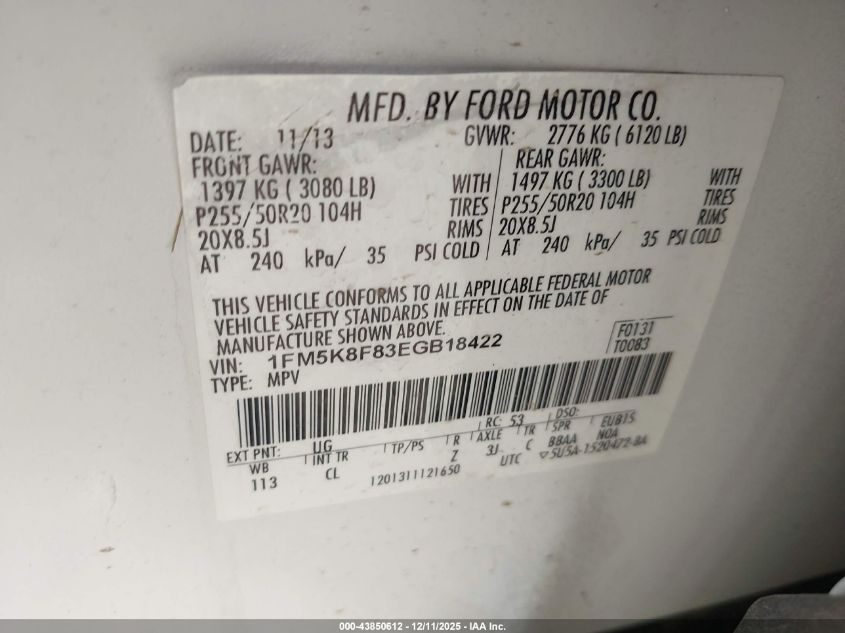 2014 Ford Explorer Limited VIN: 1FM5K8F83EGB18422 Lot: 43850612