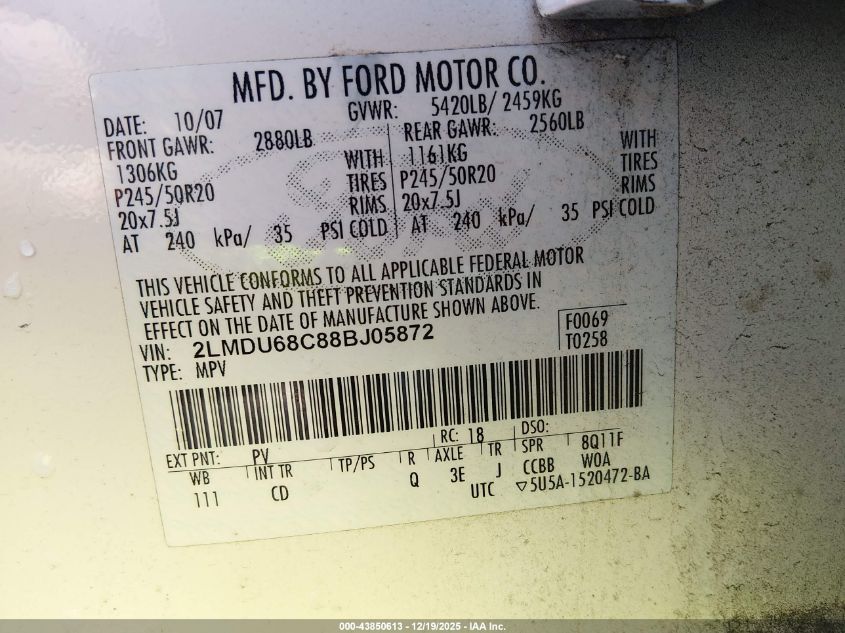 2008 Lincoln Mkx VIN: 2LMDU68C88BJ05872 Lot: 43850613