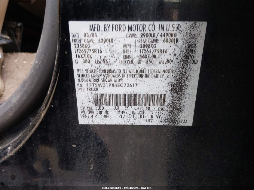 2004 Ford F-350 Lariat/Xl/Xlt VIN: 1FTSW31PX4EC72617 Lot: 43850619