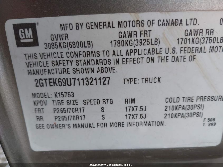 2001 GMC Sierra 1500 C3 VIN: 2GTEK69U711321127 Lot: 43850623