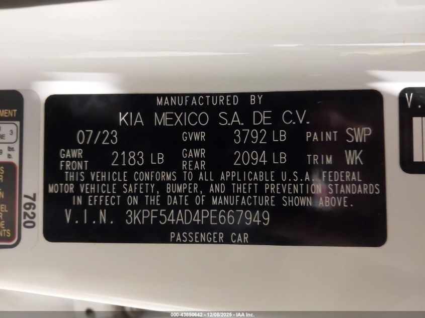 2023 Kia Forte Gt-Line VIN: 3KPF54AD4PE667949 Lot: 43850642