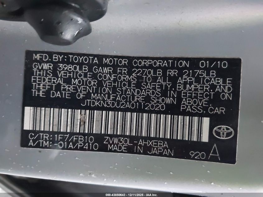 2010 Toyota Prius Ii VIN: JTDKN3DU2A0112020 Lot: 43850643
