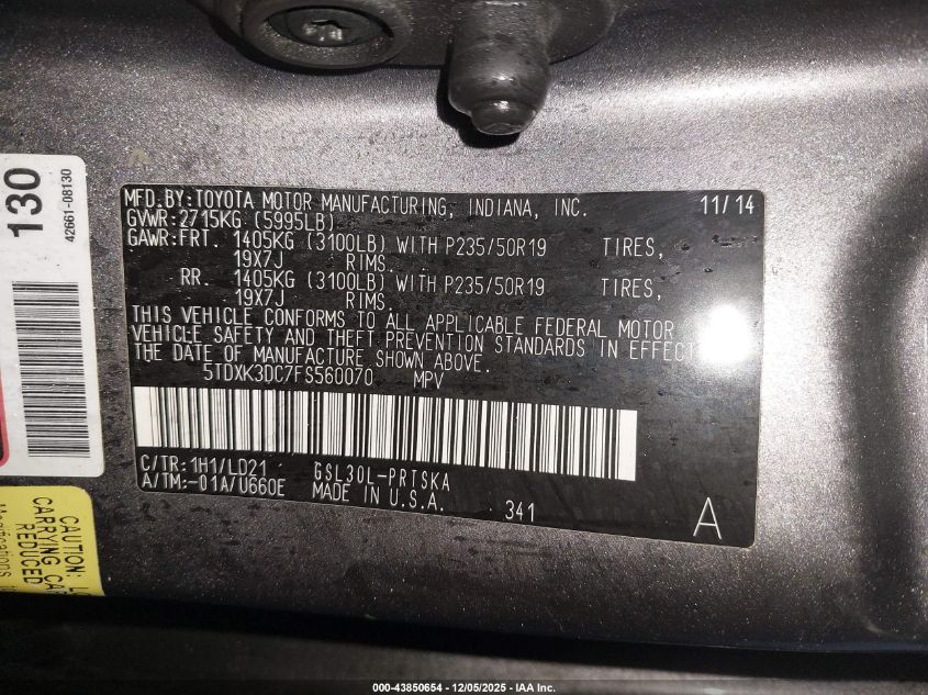 2015 Toyota Sienna Se 8 Passenger VIN: 5TDXK3DC7FS560070 Lot: 43850654