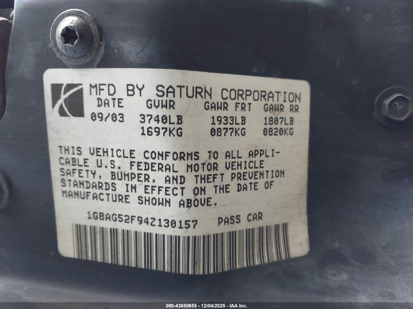 2004 Saturn Ion 1 VIN: 1G8AG52F94Z130157 Lot: 43850655