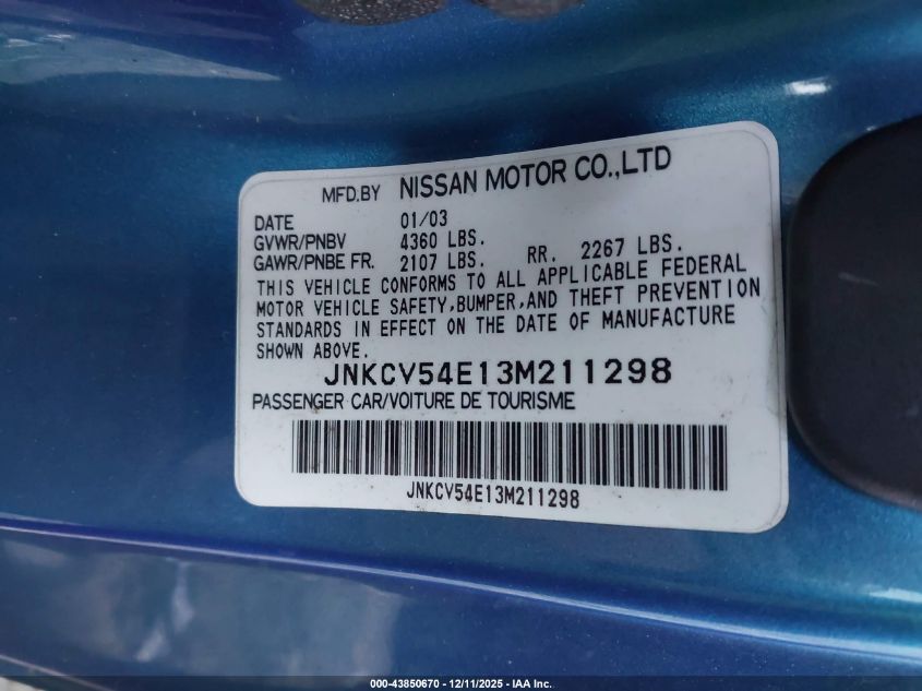 2003 Infiniti G35 Base W/Leather VIN: JNKCV54E13M211298 Lot: 43850670