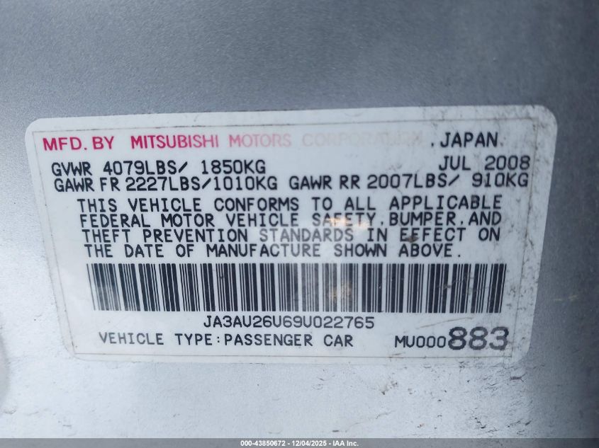 2009 Mitsubishi Lancer Es/Es-Sport VIN: JA3AU26U69U022765 Lot: 43850672