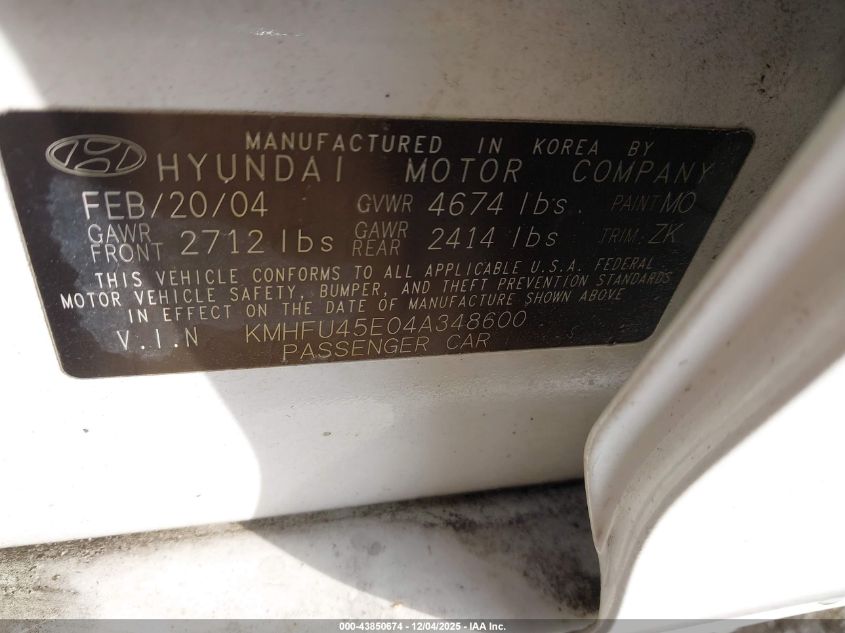 2004 Hyundai Xg350 L VIN: KMHFU45E04A348600 Lot: 43850674