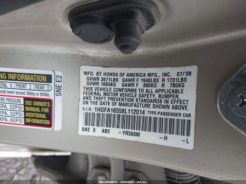 2008 Honda Civic Lx VIN: 1HGFA16558L112014 Lot: 43850678