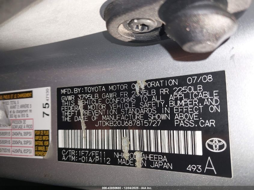 2008 Toyota Prius VIN: JTDKB20U687815727 Lot: 43850680