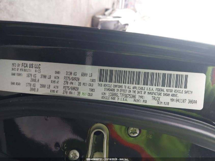 2015 Ram 1500 Outdoorsman VIN: 1C6RR6LT7FS675306 Lot: 43850721