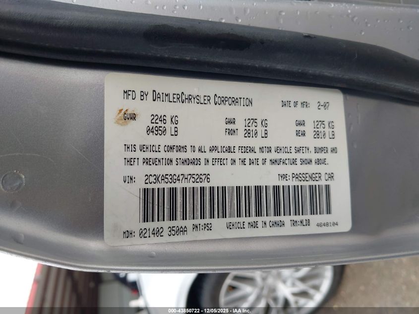 2007 Chrysler 300 Touring VIN: 2C3KA53G47H752676 Lot: 43850722