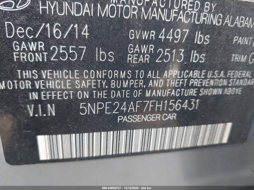 2015 Hyundai Sonata Se VIN: 5NPE24AF7FH156431 Lot: 43850727