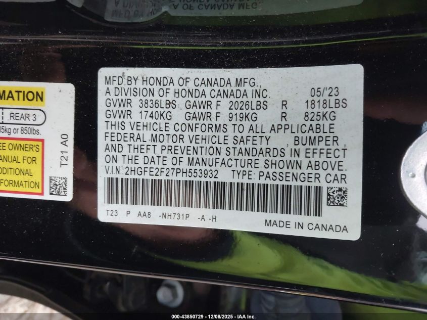 2023 Honda Civic Lx VIN: 2HGFE2F27PH553932 Lot: 43850729