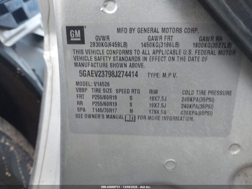 2008 Buick Enclave Cxl VIN: 5GAEV23798J274414 Lot: 43850731