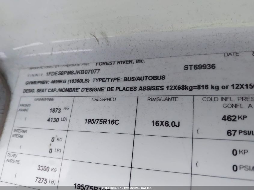 2018 Ford Transit-350 Cutaway VIN: 1FDES8PM8JKB07077 Lot: 43850737