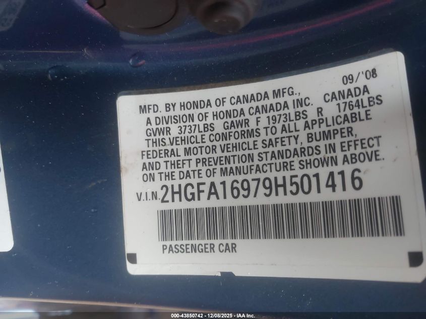 2009 Honda Civic Ex-L VIN: 2HGFA16979H501416 Lot: 43850742