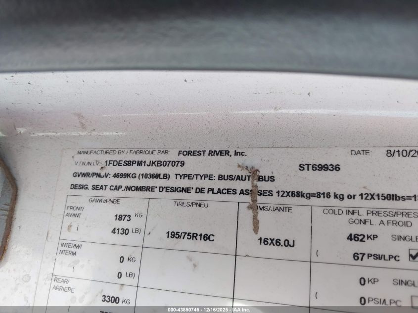 2018 Ford Transit-350 Cutaway VIN: 1FDES8PM1JKB07079 Lot: 43850746