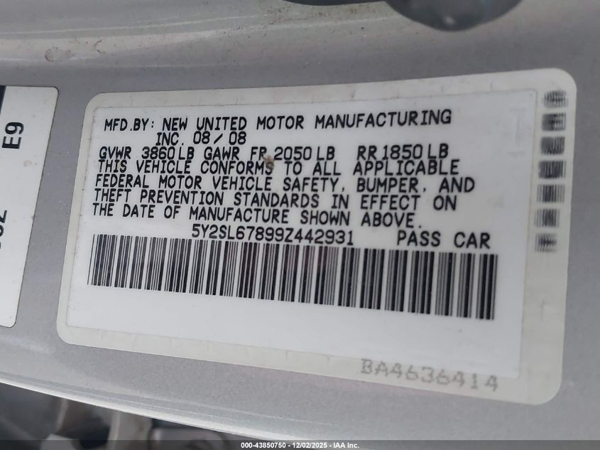 2009 Pontiac Vibe VIN: 5Y2SL67899Z442931 Lot: 43850750