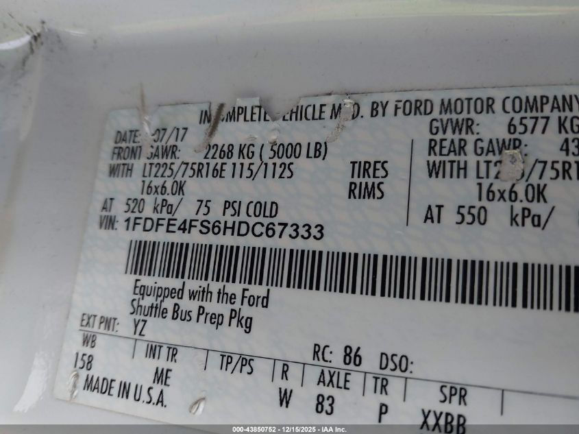 2017 Ford E-450 Cutaway VIN: 1FDFE4FS6HDC67333 Lot: 43850752