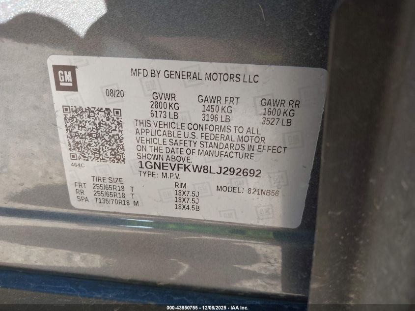 2020 Chevrolet Traverse Awd Ls VIN: 1GNEVFKW8LJ292692 Lot: 43850755