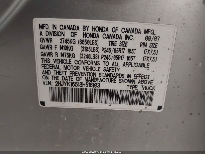 2008 Honda Ridgeline Rtl VIN: 2HJYK16518H516103 Lot: 43850757