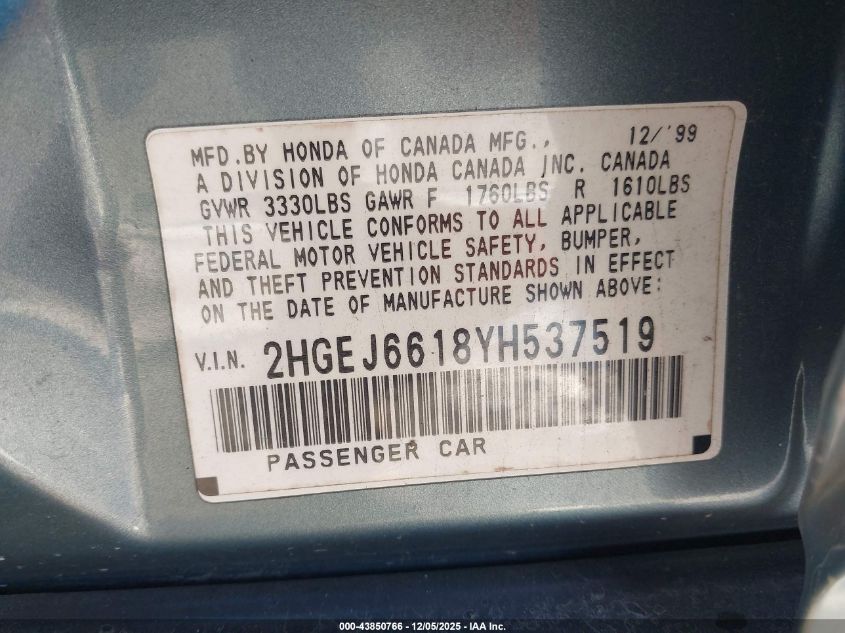 2000 Honda Civic Value Package VIN: 2HGEJ6618YH537519 Lot: 43850766