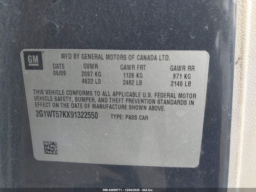 2009 Chevrolet Impala Lt VIN: 2G1WT57KX91322550 Lot: 43850771