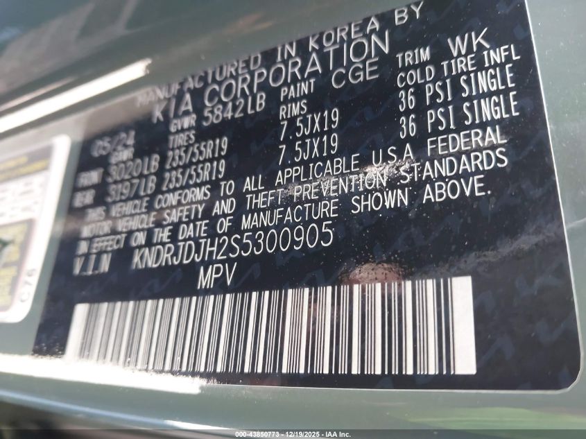 2025 Kia Sorento Plug-In Hybrid Ex VIN: KNDRJDJH2S5300905 Lot: 43850773