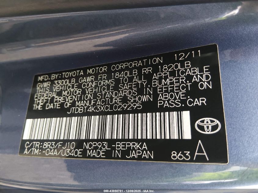 2012 Toyota Yaris VIN: JTDBT4K3XCL029295 Lot: 43850781