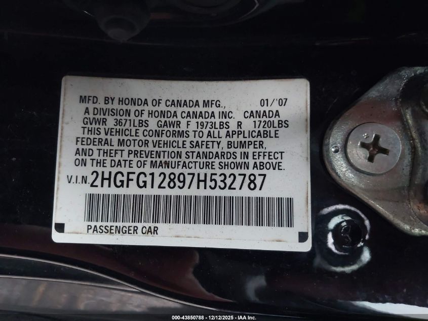 2007 Honda Civic Ex VIN: 2HGFG12897H532787 Lot: 43850788